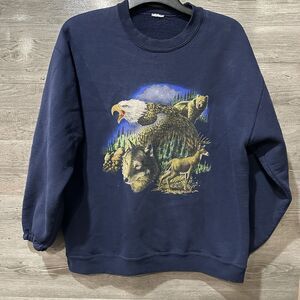 Vintage NatureCrewneck Sweatshirt Wolf Bear Eagle Deer Graphic Size XL